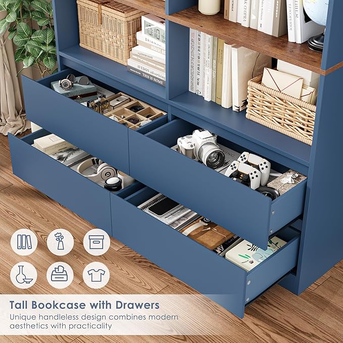 FINETONES 71" Bookshelf with Drawers, 47.3" Double Wide Bookshelves and Bookcases with Storage, Tall Bookshelf Large Open Book Shelf Standing Book Case for Home Office, Blue