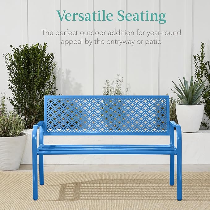 Best Choice Products Outdoor Bench 2-Person Metal Steel Benches Furniture for Garden, Patio, Porch, Entryway w/Geometric Backrest, 790lb Capacity - Ocean Blue