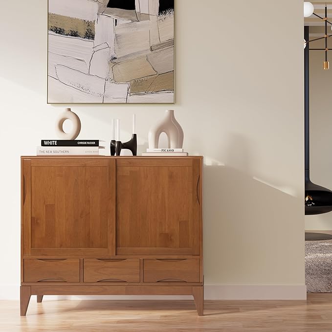 SIMPLIHOME Harper Medium Storage Cabinet - 48 inch Wide Solid Hardwood Sliding Door Cabinet in Teak Brown, Mid-Century Modern Cupboard for Living Room or Entryway with 3 Drawers and Tapered Legs