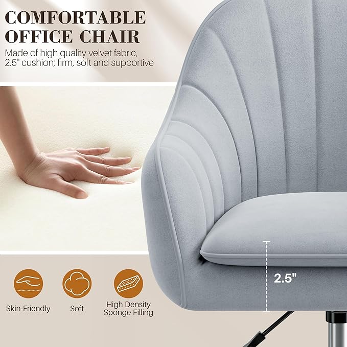 Comfy Home Office Desk Chairs Vanity Chair with Wheels Adjustable Modern Velvet Makeup Vanity Chairs for Bedroom Living Room（Grey）