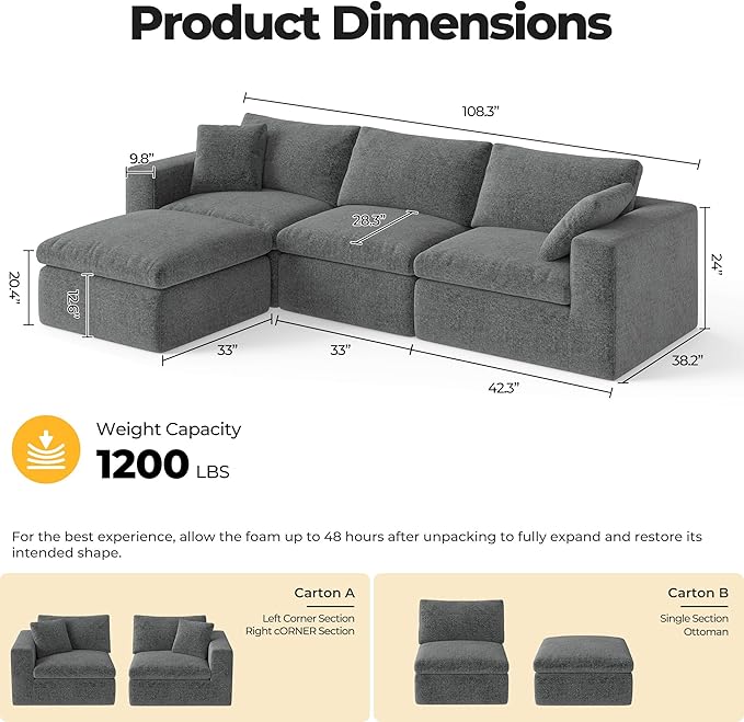 108.3" Cloud Sectional Couches for Living Room, L-Shape Couch with Ottoman, 3 Seater Modular Sectional Sofa with Deep Seats for Bedroom Office