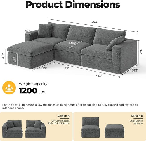 108.3" Cloud Sectional Couches for Living Room, L-Shape Couch with Ottoman, 3 Seater Modular Sectional Sofa with Deep Seats for Bedroom Office