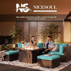 NICESOUL Modern Outdoor Couches with Firepit Table Propane/Natural Gas, 29.3'' High Back Comfy Conversation Set with Fireplace, 10 Seater Large Wide Patio Furniture Set, Brown Rattan and Teal Cushion