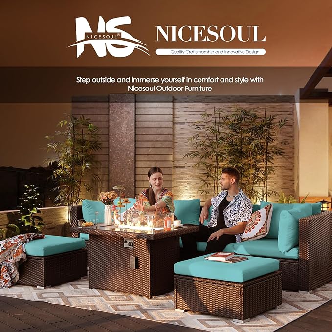 NICESOUL 9 Piece Patio Sectional Set with Firepit Natural Gas/Propane, 29.3'' High Back Tall Big Outdoor Conversation Couch Sets, Wide Sitting Furniture for Outside, Brown Rattan and Teal Cushion