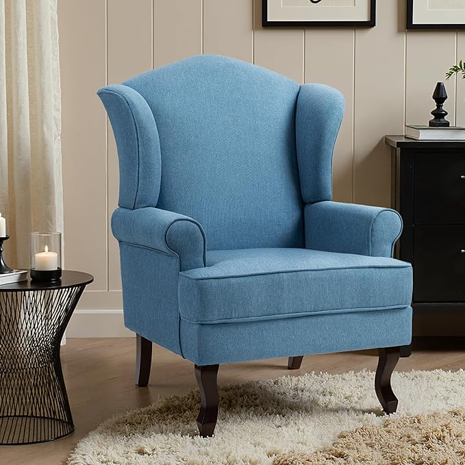 Pia Ricco Set of 2 High Back Accent Chairs: Upholstered Fabric Armchairs with Solid Wood Legs - Retro Living Room Pair, Comfy Reading Sofa Seats-Ocean Blue