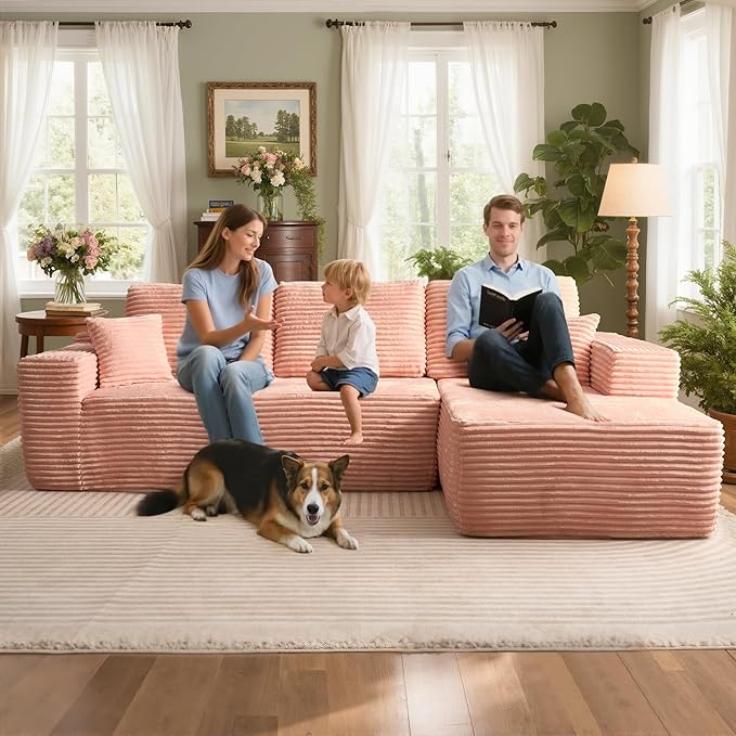 106" Cloud Sectional Couch with L-Shape Chaise, No Assembly Modular Sofa, Deep Seat Plush Corduroy Boneless Couched for Living Room (Pink Plush Corduroy, Right Facing Chaise)
