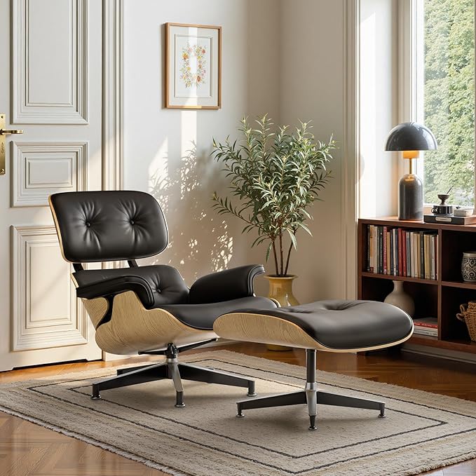 Top Black Grain Leather, Mid Century Chaise Lounge Chair and Ottoman, Modern Chair Classic Design, Ash Wood, Heavy Duty Base Support for Living Room Office