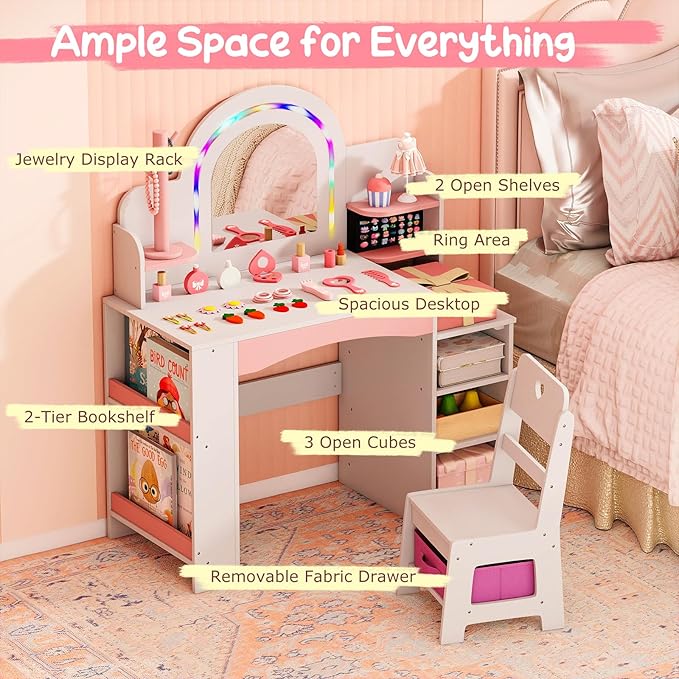 Costzon Kids Vanity, Girls Vanity Set with Lighted Mirror, Bookshelf, Jewelry Storage, Toddler Makeup Vanity Desk Dressing Table, Wooden Kids Vanity Table and Chair Set (White)