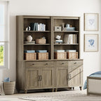 WAMPAT 5 Tier Farmhouse Bookcase 72" Tall Bookshelf with Barn Doors, Large Display Book Shelf with 2 Drawers and Storage Cabinet, Library Wood Bookshelves for Living Room,Kitchen, Wash Grey (2PCS)