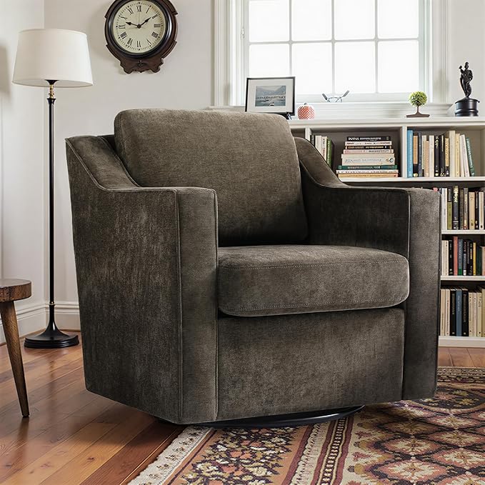 Pia Ricco 360° Swivel Accent Chair, Plush Oversized Chenille Fabric Armchair with Removable Cover for Living Room and Reception,Night Brown Black