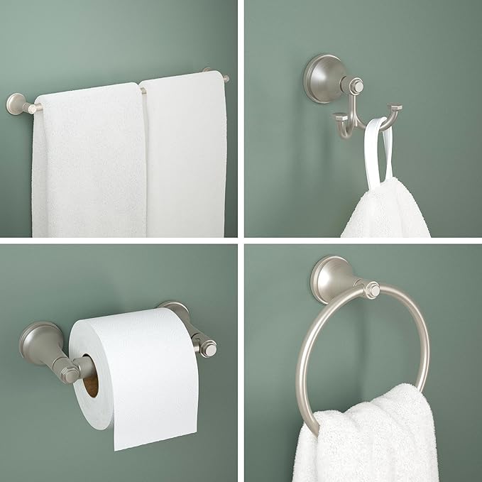 Franklin Brass Woodruff 4-Piece Bathroom Set Satin Nickel 18" + 6" Towel Rack, Toilet Paper Holder, Hand Towel Holder, Hook | 4-Piece Bath Hardware Accessories Set WDRF64-SN