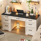 Farmhouse Executive Desk, Wood Home Office Desk with 2 Large File Drawers and 5 Storage Cabinets, Rustic Writing Desk for Work and Study, Black