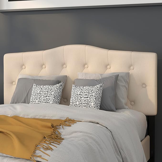 EMMA + OLIVER Tufted Upholstered Full Size Headboard in Beige Fabric