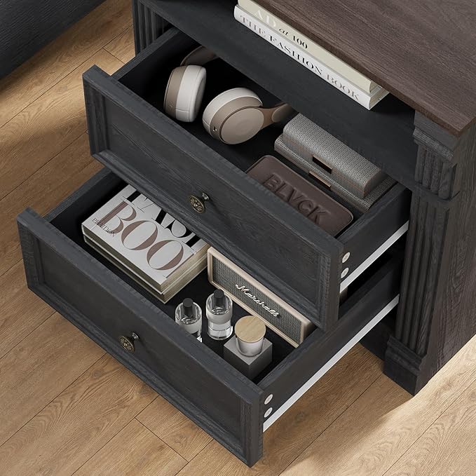 Yaamizz Farmhouse Nightstands with Charging Station, Table with Drawer and Storage Shelf, Wood Pilasters and Metal Handles, Vintage Design, Organizer for Bedroom, Hallway, Black