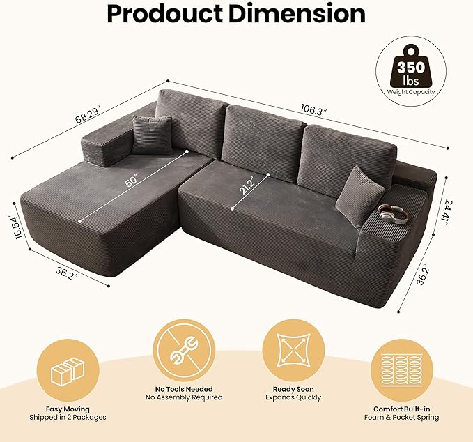 104" Cloud Sectional Couch with Chaise, Boneless L-Shaped Cloud Couch with Deep Seat, Corduroy Modern Minimalist Sofa, Assembly Free Comfy Sofa for Office Living Room Apartment(Grey, Left Chaise)