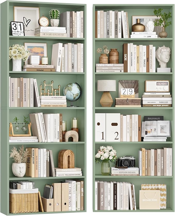 FOTOSOK 70.8" Tall Bookcase Shelf, 6 Tier Wide Bookshelf with Storage, Billy Bookcase Set of 2, Large Bookshelf for Living Room, Home Office,Green