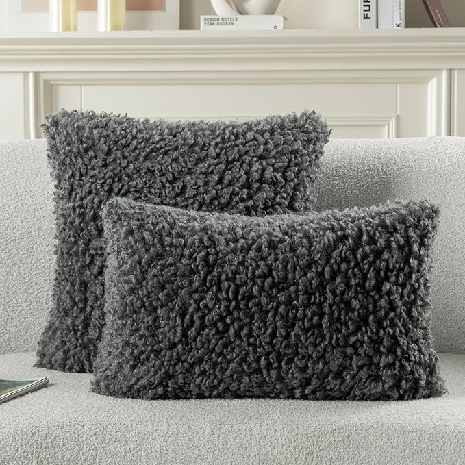 FUTEI Dark Grey Decorative Throw Pillow Covers 18x18 Inch Set of 2,Soft Fluffy Faux Wool Fur Boucle Textured Cushion Case,Modern Home Decor for Couch Bed Living Room Office