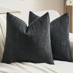 FUTEI Black Chenille Decorative Throw Pillow Covers 16x16 Inch Set of 2,Soft Embossed Striped Textured Cushion Case,Modern Home Decor for Couch Bed Living Room