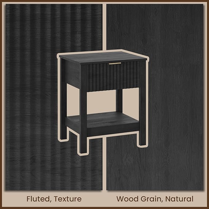 Fluted Night Stand with Golden Handle,Set of 2 Mid-Century Nightstands with Drawer, Bedside Table with Storage Shelf, Side Tables for Room,End Tables for Bedroom,Black Wood Grain