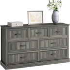 Farmhouse 7 Drawer Dresser for Bedroom, 55 Inch Wide Modern Grey Dresser TV Stand with Large Drawers & Bar Handles, Rustic Wood Chest of Drawers for Bedroom, Living Room