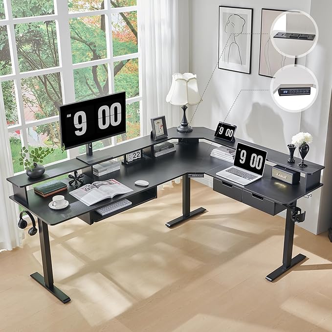 RedLemon 75X60 Inches L Shaped Electric Standing Desk, Height Adjustable Corner Gaming Desk with Drawers, Power Outlets & LED Lights, Computer Desk with Monitor Shelf, Carbon Fiber Black