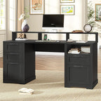 Halitaa 61" Farmhouse Executive Desk with Monitor Stand & File Drawers,Computer Desk with Storage Drawers,Large Workstation LED Lights and Power Outlets for Home Office,Study,Black