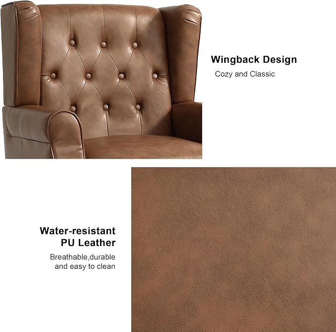 Accent Chair, Upholstered Armchair with Button Tufted High Back & Solid Wood Legs, Comfy Wingback Reading Single Sofa Chair for Small Spaces, Living Room, Bedroom-Leather Brown, Set of 1