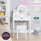 UTEX Kids Vanity, Girls Vanity Set with Mirror and Stool and Lights, Kids Vanity Table and Chair Set,Wooden Princess Makeup Desk Dressing Table, White