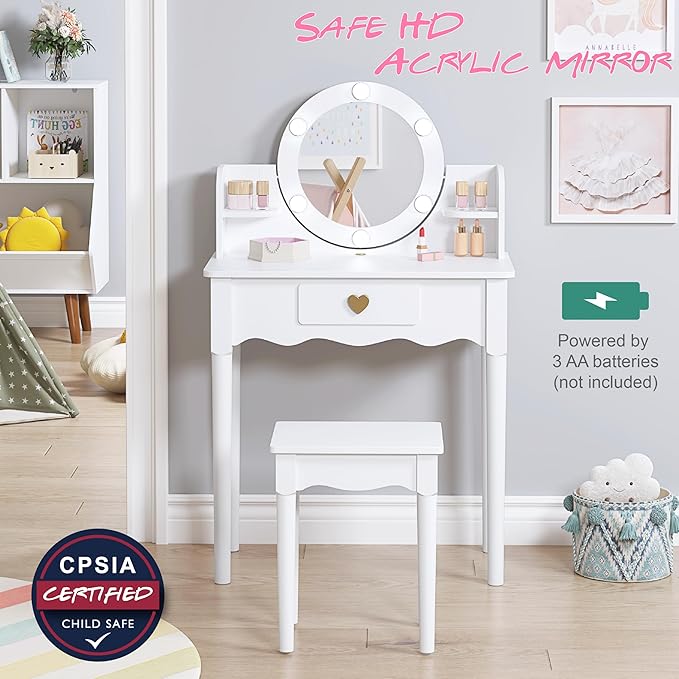 UTEX Kids Vanity, Girls Vanity Set with Mirror and Stool and Lights, Kids Vanity Table and Chair Set,Wooden Princess Makeup Desk Dressing Table, White