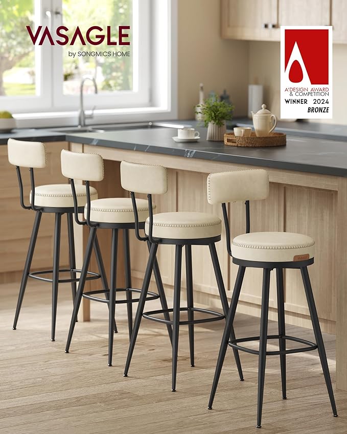 VASAGLE EKHO Collection - Bar Stools Set of 2, Swivel Bar Height Bar Stools with Back, Synthetic Leather with Stitching, Mid-Century Modern, 30-Inch Tall Barstools for Kitchen Home Bar, Cream White