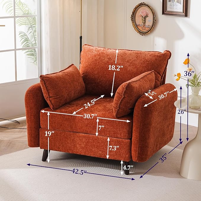 Oversized Accent Chair Set of 2,All Seats Storage,Comfy Armchair,24.5'' Deep Seat,Upholstered Living Room Chairs,Reading Chair for Bedroom,Office,Chenille,Orange