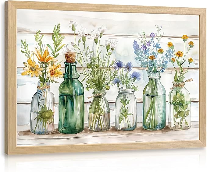 HLXRAE Wood Framed Green Bathroom Wall Art, Vintage Rustic Farmhouse Bathroom Wall Decor, Watercolor Floral Canvas Painting, Sage Green Plant Aesthetic Picture for Laundry Room Decor 12x16 inch