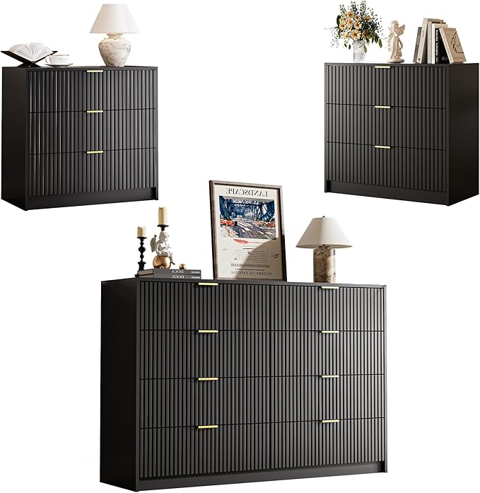 3-Piece Dresser Bedroom Set, 8 Drawer Dresser & 3 Drawer Nightstands with Gold Handles, Fluted Wood Chest of Drawers for Bedroom, Living Room, Entryway, Black