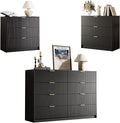 3-Piece Dresser Bedroom Set, 8 Drawer Dresser & 3 Drawer Nightstands with Gold Handles, Fluted Wood Chest of Drawers for Bedroom, Living Room, Entryway, Black