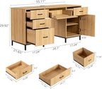 55" Executive Desk, Modern Wood Office Table with Charging Station, 5 File Drawer & 1 Storage Cabinet, Home Computer Writing Desk for Work Study, Living Room, Bedroom (Natural Oak)