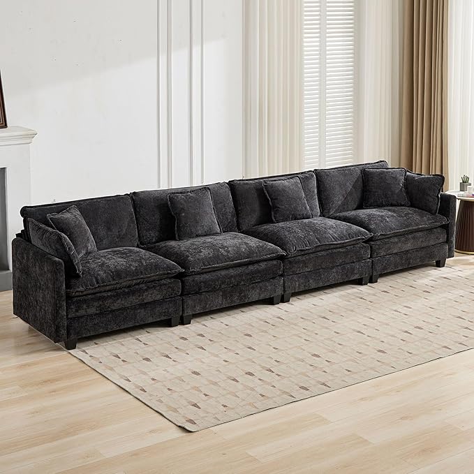Aoowow Modular Sectional 4 Seater Cloud Sofa Couch for Living Room,149.6" Cloud Sofas with Deep Seat,Modern Chenille 4 Seat Sofas,Fluffy Cloud Couches for Bedroom,Office,Hotel (Black, 4 Seater)