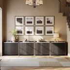 BELLEZE Set of 4 Modular Sideboard Buffet Cabinet with Storage,140 Inch Modern Credenza with Adjustable Shelves, Fluted Black Console Table with Faux Marble Panel for Kitchen, Entryway, Dining Room