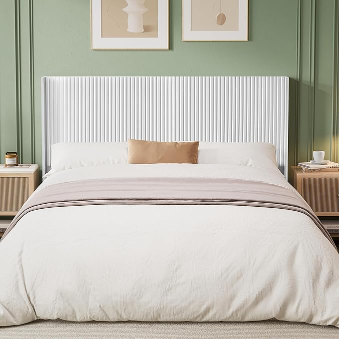 Wood Headboard Queen Size, 64.6" Wide Wooden Queen Headboard Only, Wingback Boho Headboards, Modern Farmhouse Headboards, Wall Mounted Fluted Panel, Snow White