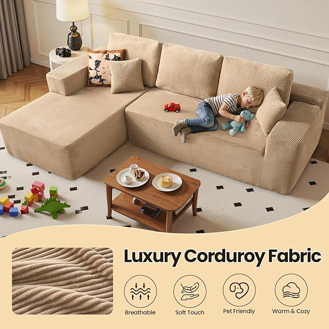 104" Cloud Sectional Couch with Chaise, Boneless L-Shaped Cloud Couch with Deep Seat, Corduroy Modern Minimalist Sofa, Assembly Free Comfy Sofa for Office Living Room Apartment(Camel, Left Chaise)