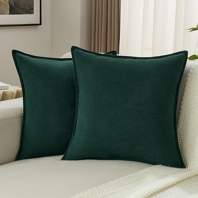 FUTEI Christmas Dark Green Chenille Throw Pillow Covers 26x26 Inch Set of 2,Edges Double-Stitched Euro Pillow Shams,Modern Home Decor for Couch Living Room