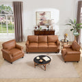 Kingfun 3 Seater Sofa, Mid-Century Modern Faux Leather Couch Set for Living Room, Brown with Rolled Arms & Nailhead Trim, Easy Assembly