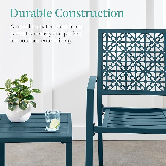 Best Choice Products 3-Piece Outdoor Bistro Set, Stackable Modern Steel Furniture for Porch, Garden w/ 2 Chairs, Table, Geometric Decor - Peacock Blue