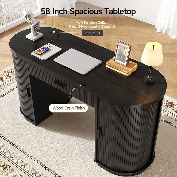 ONBRILL 58" Fluted Executive Desk with Storage, Home Office Desk with Drawers, Wood Computer Writing Desks with Charging Station for Study Living Room Bedroom Work Black