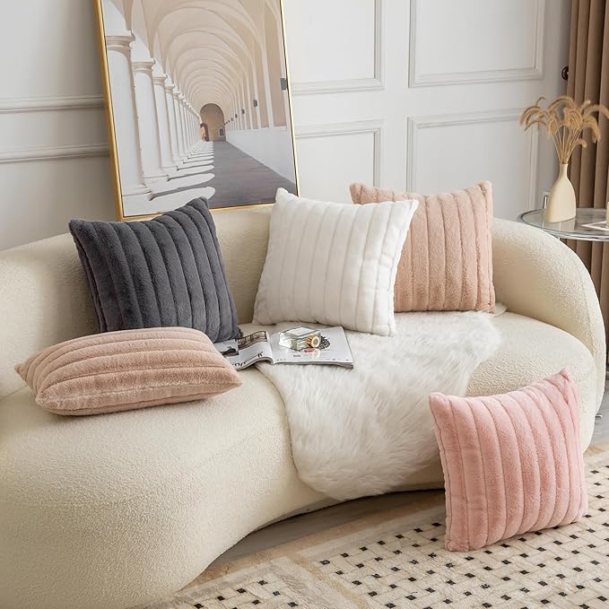 Pack of 2 Faux Fur Throw Pillow Covers 16x16 Inch Striped Decorative Soft Plush Couch Pillow Case Home Decor for Bed, Sofa, Living Room Darkgrey