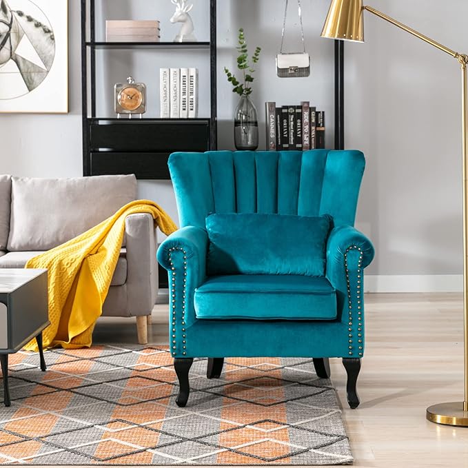 Accent Reading Arm Chairs Midcentury Modern Comfy Corner Sofa Chair, Wingback Waiting Room Club Chair with Tufted Back for Living Room/Bedroom/Reception Room, Velvet Teal
