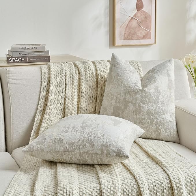 FUTEI Beige White Decorative Throw Pillow Covers 16x16 Inch Set of 2,Soft Faux Cashmere Jacquard - Textured & Cozy Cushion Case,Modern Home Decor for Couch Bed Living Room