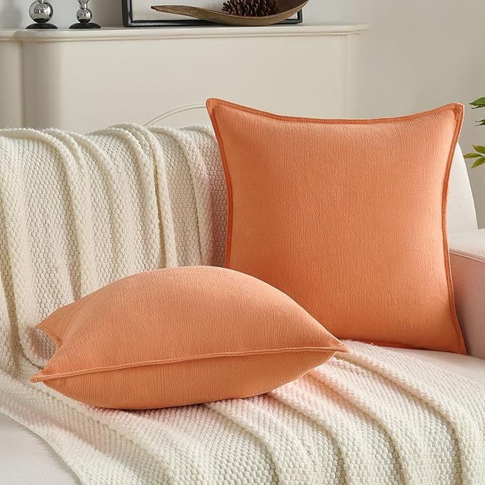 FUTEI Orange Chenille Throw Pillow Covers 18x18 Inch Set of 2,Edges Double-Stitched Cushion Cases,Modern Home Decor for Couch Living Room