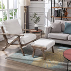 Wahson Mid Century Arm Chair and Ottoman Set, Upholstered Accent Armchair with Wood Frame and Linen Cushions, Leisure Slipper Chair for Living Room/Bedroom, Cream