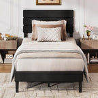 WLIVE Twin Size Upholstered Bed Frame, Velvet Square Tufted Headboard,Sturdy Metal & Wooden Slats Support, No Box Spring Needed, Black