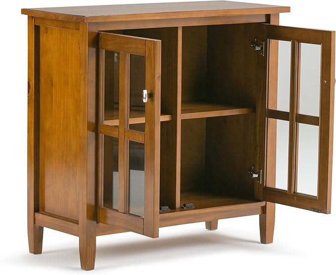 SIMPLIHOME Warm Shaker SOLID WOOD 32 inch Wide Transitional Low Storage Cabinet in Light Golden Brown for the Living Room, Entryway and Family Room